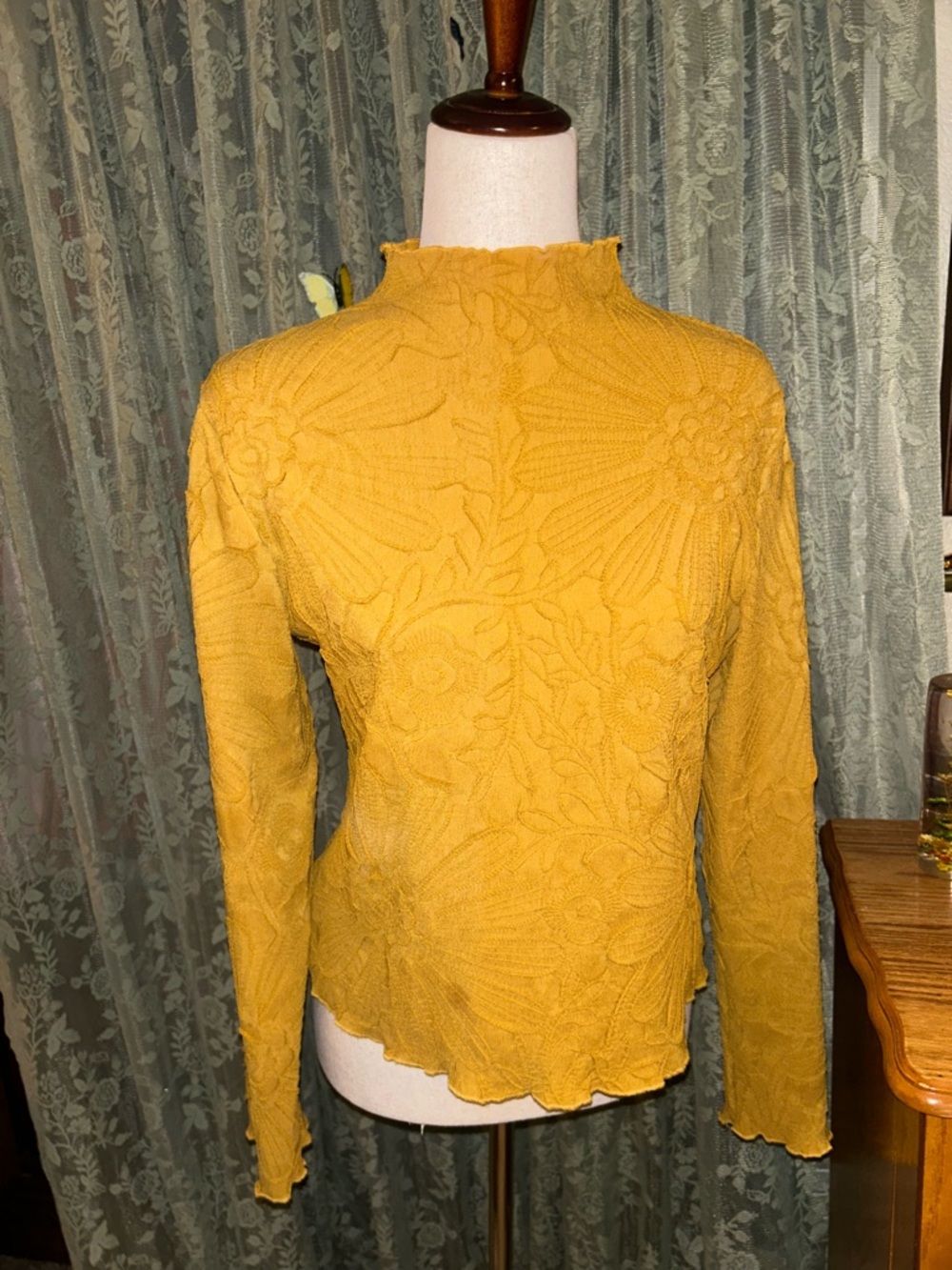 100% Linen Cotton Blend Mustard Yellow Floral Textured Long-Sleeve Top